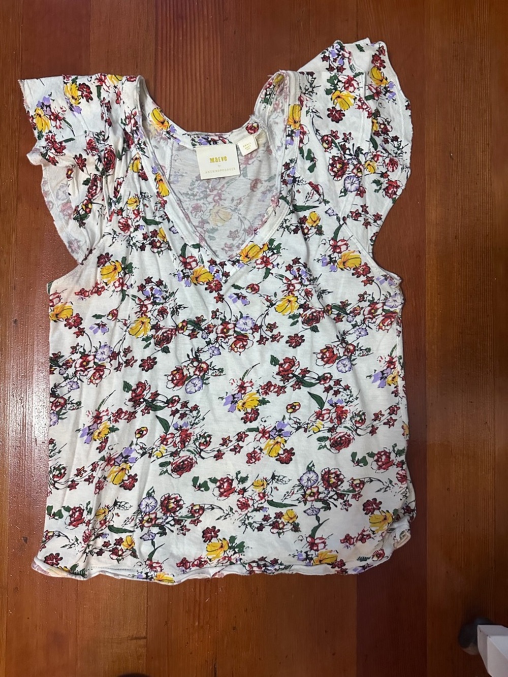 Anthropologie Floral V-Neck Ruffle Sleeve Top — White with Yellow, Red, Purple